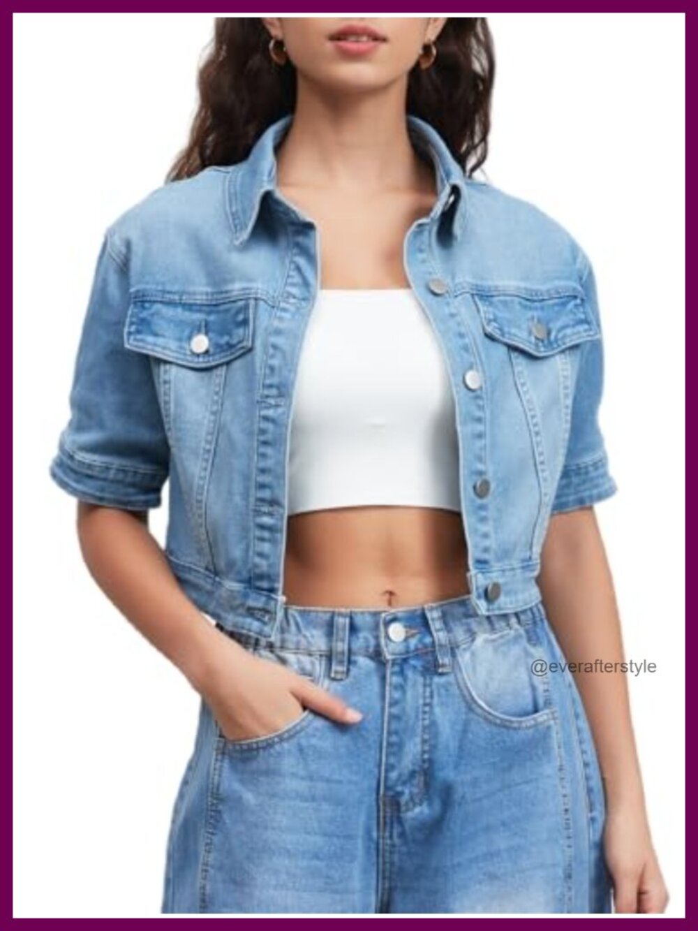 Cropped Denim Jacket Women Short Sleeve Button Down Trucker Jean Coat